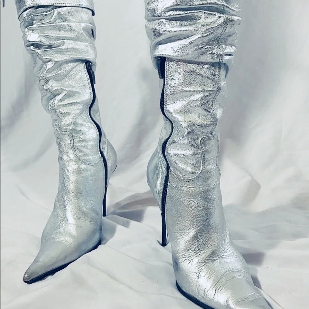 Silver Leather Boots with Buckle Made in Italy